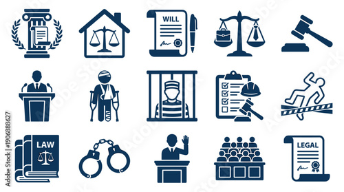 Collection of dark blue law and justice icons representing legal concepts like crime, court, punishment, and legislation in a simple flat vector graphic illustration set