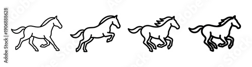 Set of four simple horse icons showing the different phases of a running animation cycle, drawn in a minimalist black and white line art style for a clean graphic element