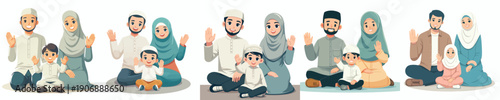 vector of muslim family sitting together on the floor waving hands