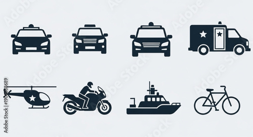 Collection of various transportation vehicle icons in black silhouette.