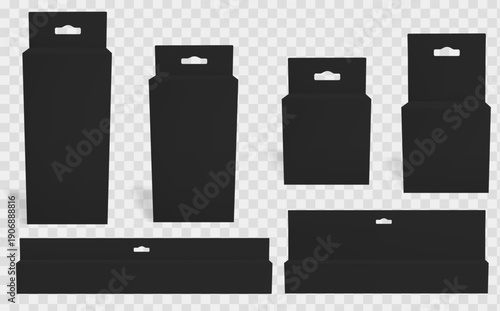 Black carton package. Thin hang box with tab for product isolated mockup. 3d realistic long hanging packaging design for store to display. Square medicine or lip balm wrap with header front view.