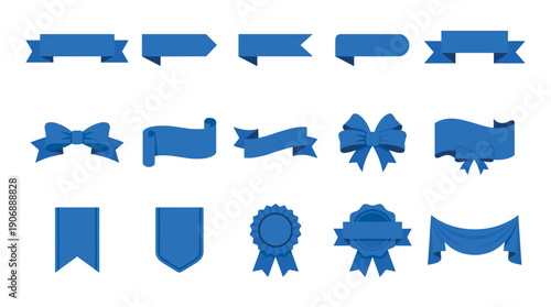 Collection of blue decorative ribbons, banners, bows, and award rosettes in various shapes presented as a flat design vector graphic element set for celebration or promotion