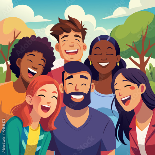 Group of Diverse Multicultural Friends Laughing and Hugging in Sunny Park