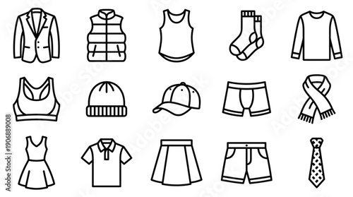 Set of black line art clothing icons featuring various garments and accessories for men and women, including a jacket, vest, hat, scarf, and underwear in a minimalist style