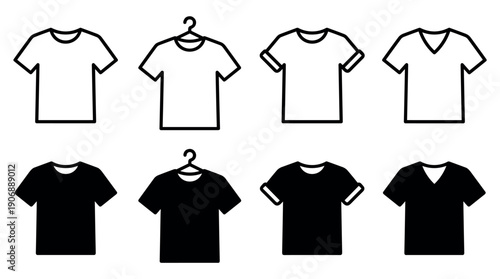 Set of black t-shirt icons in outline and solid silhouette styles, showcasing various designs like crew neck, v-neck, rolled sleeves, and a tee on a hanger