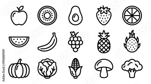 Set of fruit and vegetable icons in a minimalist black line art style, featuring an apple, banana, strawberry, corn, and broccoli for healthy eating and nutrition concepts