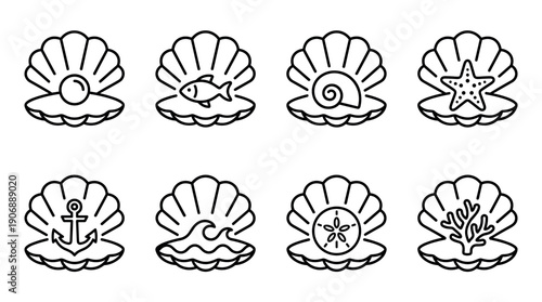 Set of black line art icons featuring open seashells with various marine life and nautical objects inside, including a pearl, fish, starfish, anchor, and coral