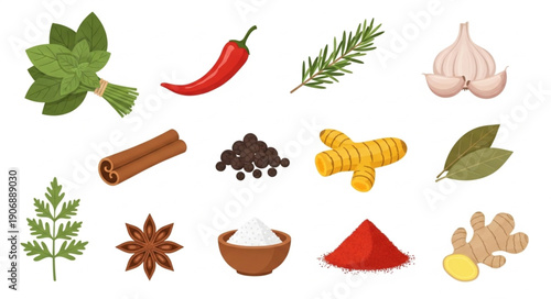 Collection of various spices and herbs for cooking.