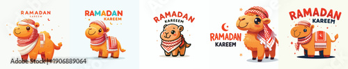 cute camel character vector dressed in Muslim costume with word "Ramadan Kareem"