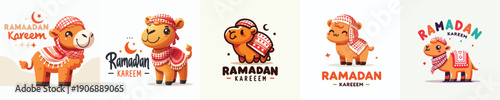 cute camel character vector dressed in Muslim costume with word "Ramadan Kareem"