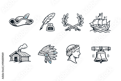 Collection of historical American icons, including a hat, quill, ship, and bell