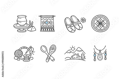 Collection of simple white line art icons representing crafts and rural life