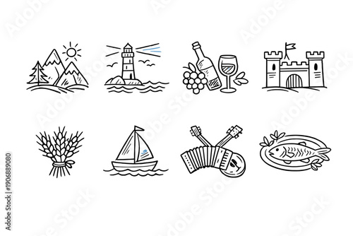 Collection of simple white icons representing travel, food, and culture on a black background