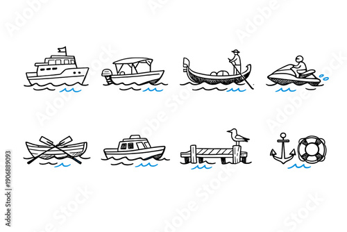 Collection of hand-drawn nautical transportation and marine elements on black background