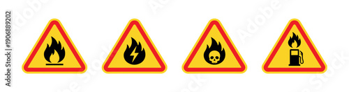 Four yellow triangular warning signs with various fire hazard symbols are displayed in a row, indicating different types of danger and caution