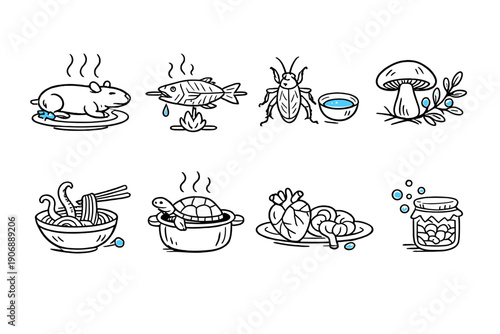 Collection of unusual food items and ingredients depicted in a minimalist line art style
