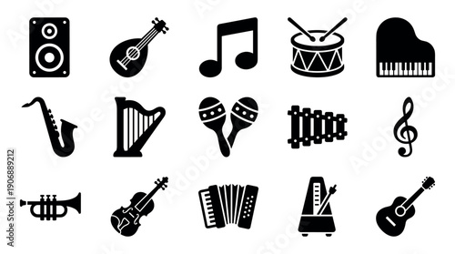 Collection of black musical instrument icons and symbols, including a piano, guitar, drum, and saxophone, presented as a simple flat glyph set for various design concepts