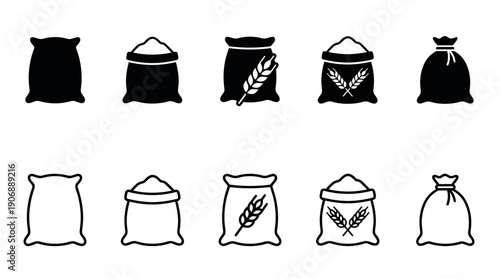 Collection of black grain sack icons in silhouette and outline styles, including open bags of flour and closed sacks with wheat ear symbols for farming and baking