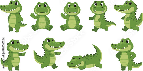 Cute Crocodile Cartoon Character Illustration Set with Multiple Funny Poses, Smiling Green Reptiles, Kids Friendly Wildlife Mascots, and Playful Flat Design Style