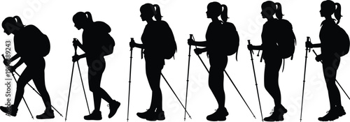 Silhouette of a woman hiking with trekking poles in various poses hiker