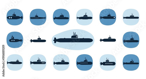 Collection of various submarine silhouettes in blue circles.