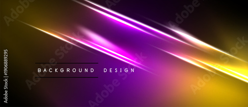 Abstract background features vibrant light streaks. Gold, purple hues blend creating dynamic visual effect. Modern design element.