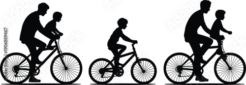 Silhouettes of father and son cycling together and alone on white background bicycle bike