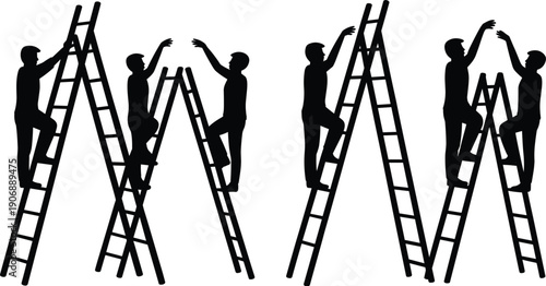 Silhouettes of men climbing ladders reaching for each other vector illustration