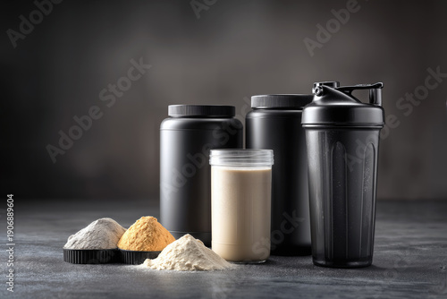 Sport Nutrition Supplements and Shaker Bottle Displayed on Dark Background for Fitness