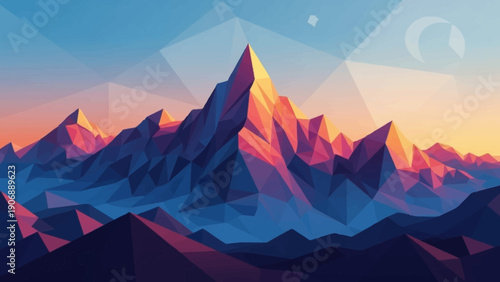 Mountain Range with Geometric Shapes at Sunset.