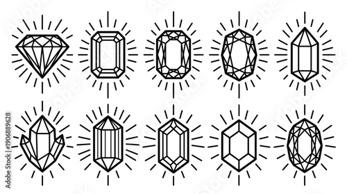 Set of black line art gem icons with various cuts and shapes like diamond, emerald, and oval, depicted with sparkling rays in a minimalist graphic style