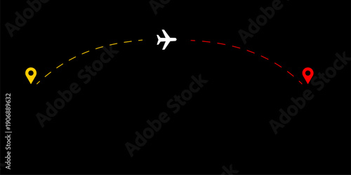 Airplane silhouette on a dashed curved path connecting a yellow and red pin on black background, symbolizing air routes and travel, vector art