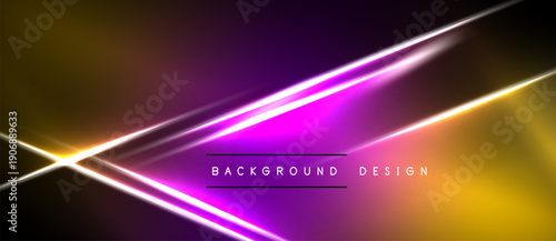 Abstract background features vibrant neon lines, gradients. Purple, gold hues dominate dark space. Modern design element.