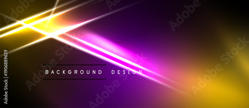 Abstract background features vibrant yellow, purple light streaks. Dark space surrounds glowing lines, creating dynamic visual effect.