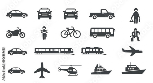 Collection of various transportation vehicle icons.