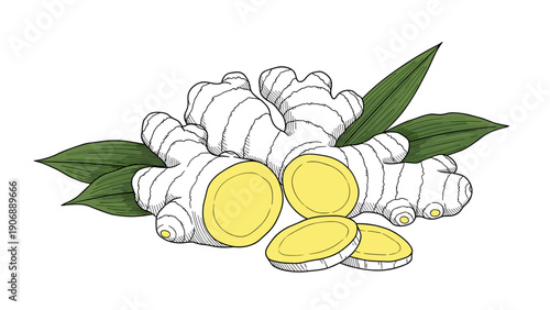 Hand drawn ginger root with leaves on white background