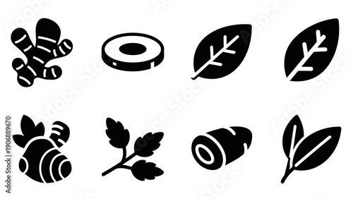 Set of black herb and root icons in bold silhouette style