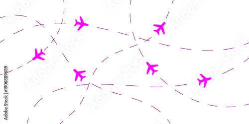 Blue airplanes flying on interwoven dashed routes across a white background, symbolizing air traffic and international travel, vector graphic
