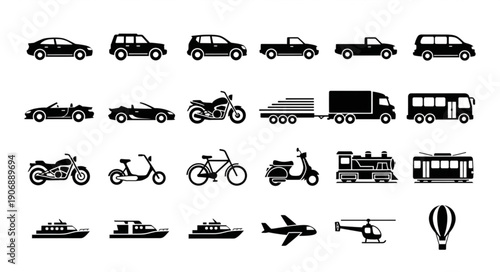 Collection of various transportation vehicle icons and silhouettes.
