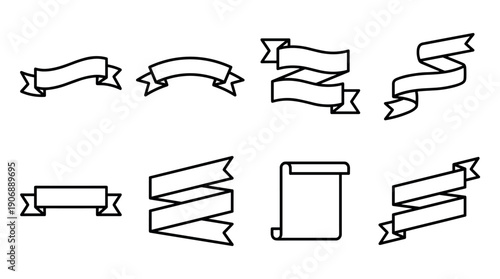 Set of black outline ribbon banners and scroll icons in various shapes and styles, showing a collection of simple, minimalist line art elements for graphic design and decoration