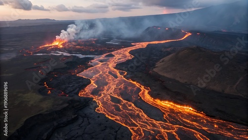 Fiery lava river flows from erupting volcano landscape