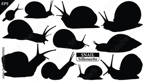 Set of snails silhouette isolated on white background with logo text space, featuring a clean black shape symbolizing nature, patience, simplicity. Ideal for logos, snails vector silhouette icon snail