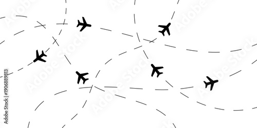 Clean vector illustration featuring a sparse network of dashed lines and six bright cyan airplanes, emphasizing travel and air routes.