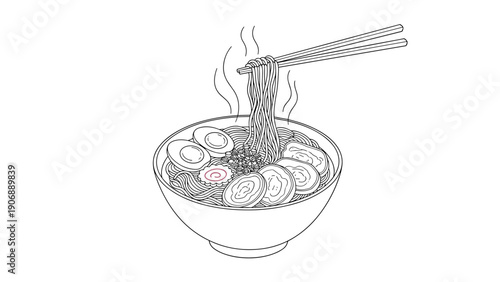 Minimalist ramen bowl line art with chopsticks and ingredients