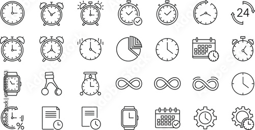 Set of time and clock line icons featuring alarm clocks, watches, stopwatches, calendars, infinity symbols, and productivity tools for business management.