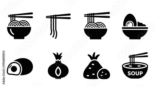 Minimalist noodle and food icons set for asian cuisine designs