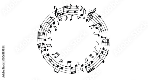 Vector music notes wreath, sheet music circle, musical symbol, for decoration or design element, isolated on transparent background, png