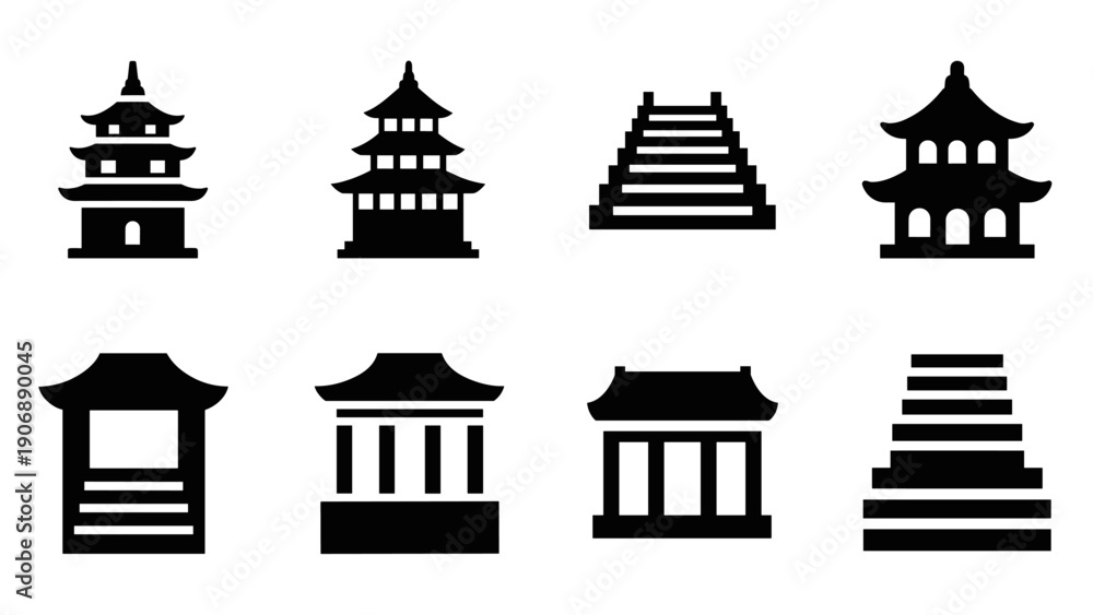 Fototapeta premium Silhouette icons of asian pagodas and temples: minimalist architectural set