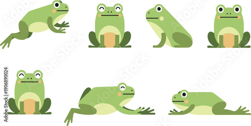 Cute Frog Cartoon Character Illustration Set with Different Poses, Green Amphibian Wildlife, Nature Theme, Kids Friendly Educational, and Playful Flat Design Style