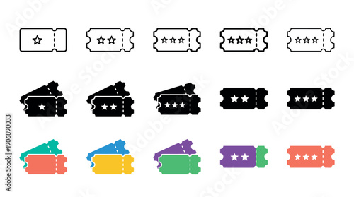 Diverse set of ticket vector icons featuring line art, solid glyph, and colorful flat styles with star ratings for movie, concert, and event admission passes